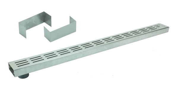 Entwässerungsrinne Edelstahl 1 Meter superflach mit Ablaufstutzen Rost Längsschlitzdesign SET Typ 1, System 35/80